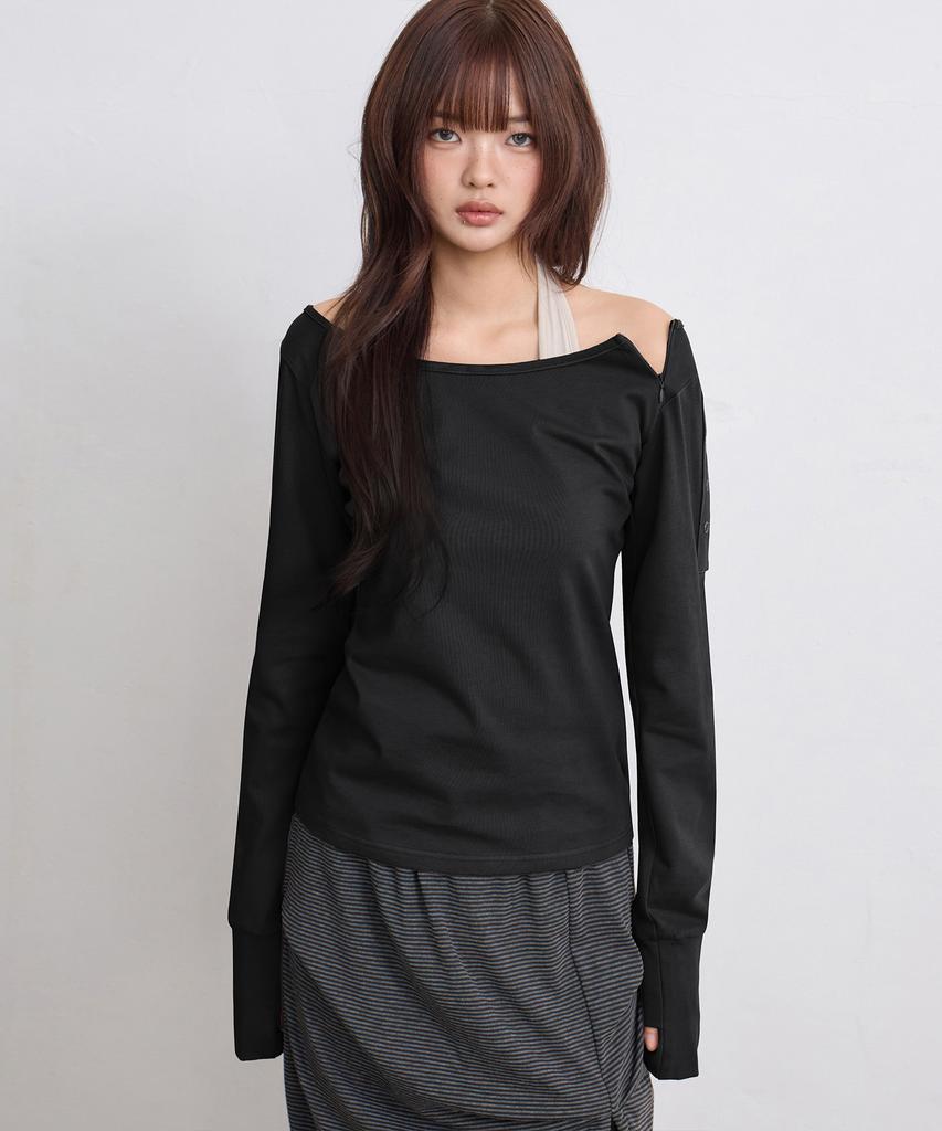 EUGGEN Open Slit Boat Neck Long Sleeve_Black