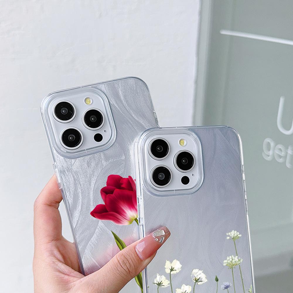 N93 Peony Clear Frame Case for Samsung S25 Ultra A55 A05s A52 iPhone 16 15 Pro Max XR Xiaomi Redmi Note 13 Feather Chiffon Texture Silver Plated Cover