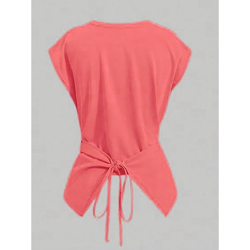 Women White Crew Neck Sleeveless Criss Cross Tie Waist Fitted Casual Blouse