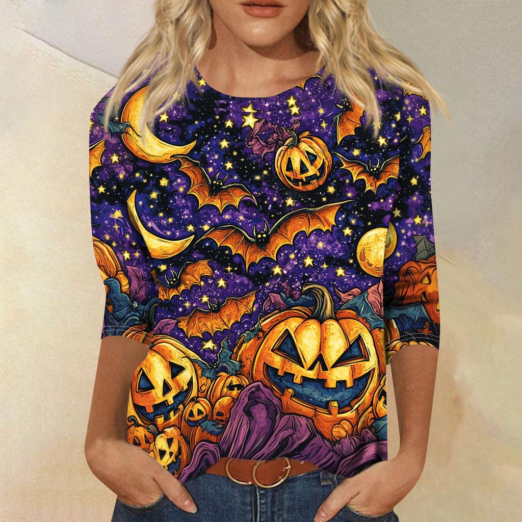 Women Halloween Pumpkin Print 3/4 Sleeve Shirt Round Neck Loose Fit Casual T-Shirt Top for Fall Seasonal Wear