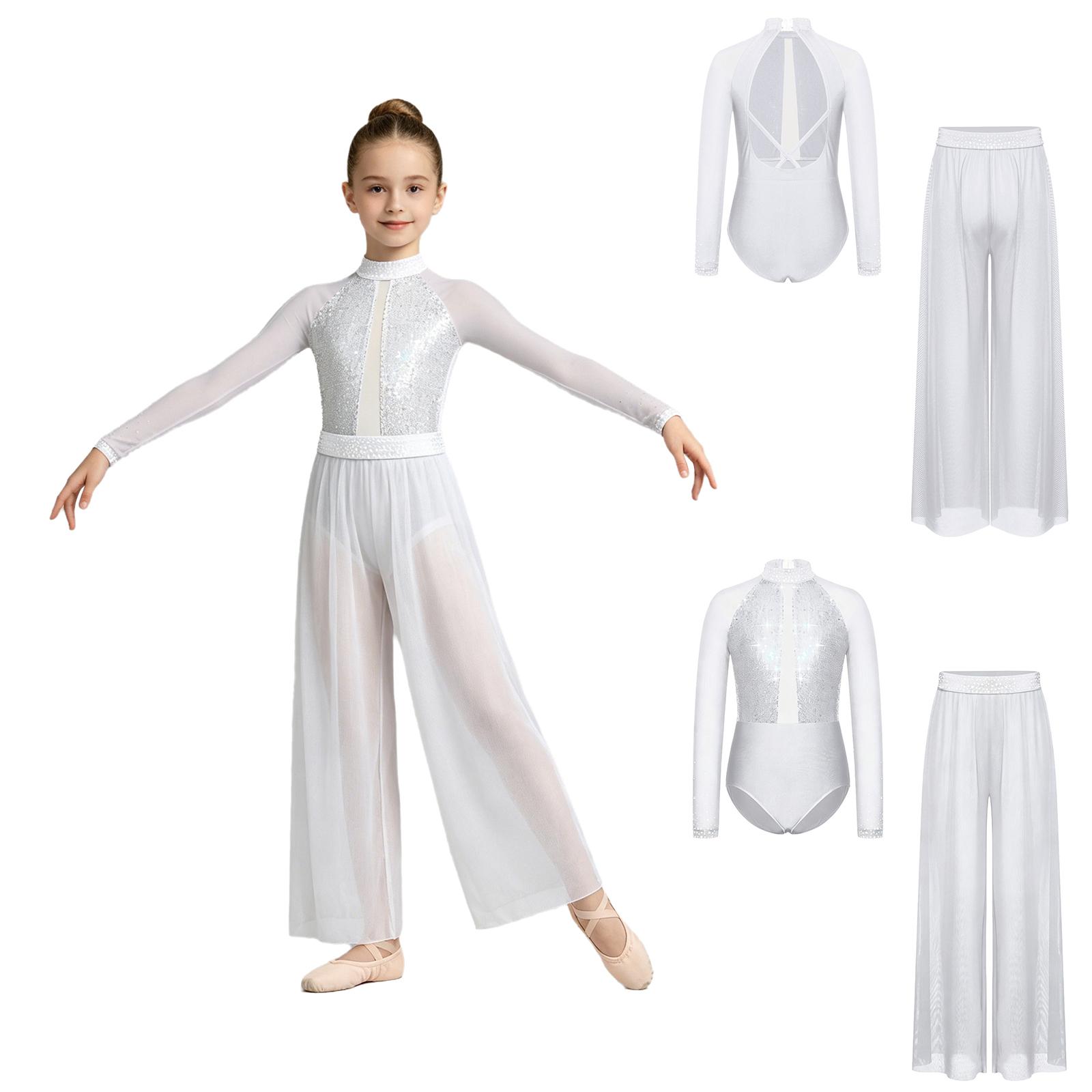 Kinder 2-teiliges Lyrisches Tanzset Langarm Kreuzrücken Pailletten-Trikot mit Strass-Gürtel Weitbeinige Netz-Hose Bühnenauftritt 5-6 Years weiß