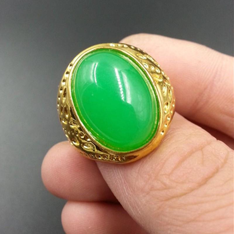 Emerald Green Jade Ring with Gold Setting - Large Egg-Shaped Finger Ring Size 17-18