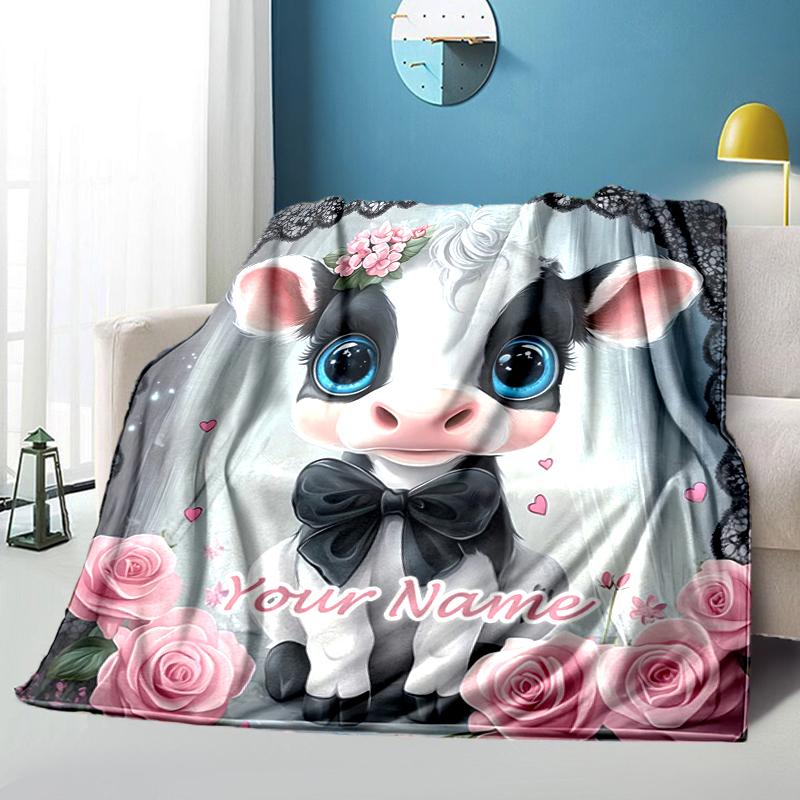 1PC Custom Name "Romantic Cow Flowers" Flannel Blanket Versatile, All-season Throw Suitable for the Living Room, Bedroom, Camping, Travel, and Gift