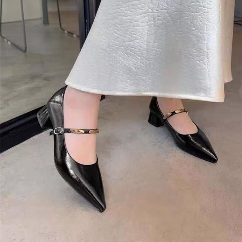 Fashion 2025 New Metal Buckle One-band Block Heel Single Shoes Autumn New Pointed Toe Shallow Mouth Non-slip Kitten Heel Shoes