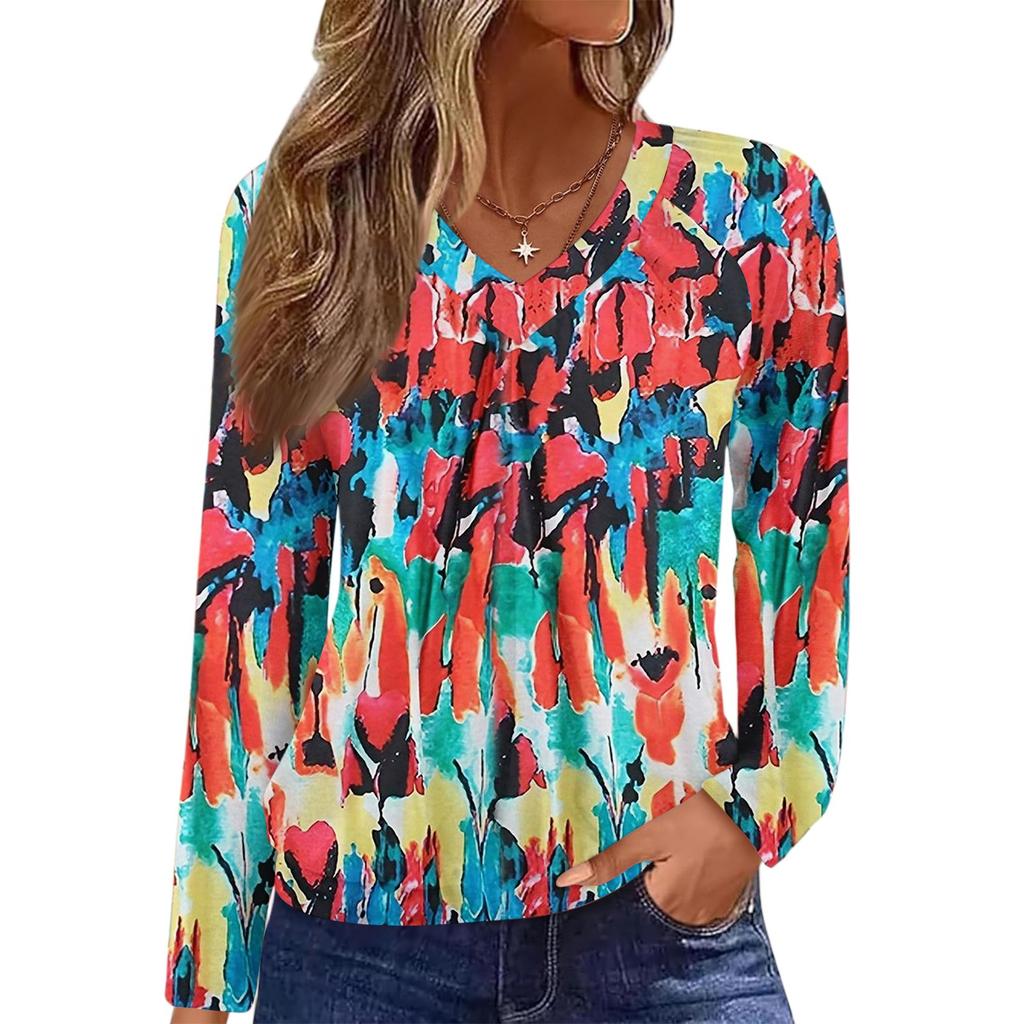 Top Casual de Moda para Mujer con Cuello en V, Manga Larga Raglán Plisada con Estampado Floral