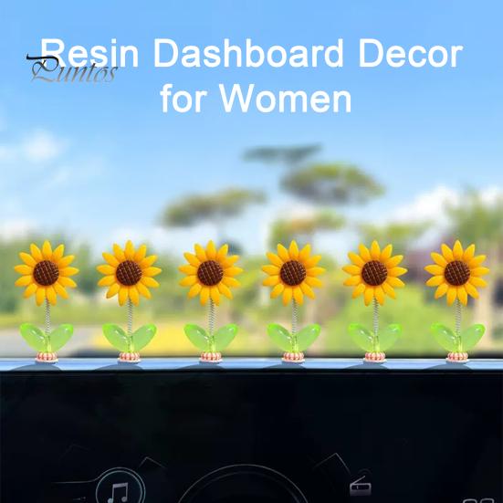 Non Residual Adhesive Ornaments 5Pcs Wobble Sunflower Car Dashboard Decor, Resin Spring Flower Ornament Interior Decoration Flowers with Slip