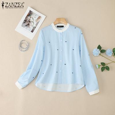 Women Casual Round Neck Loose Long Sleeve Stripe Blouse
