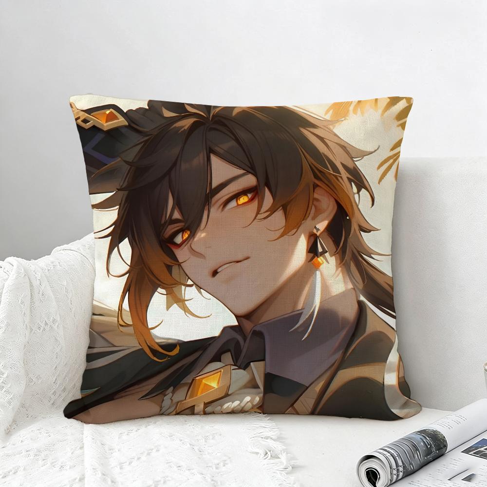 Game Genshin Impact Zhongli Cushion Cover Natural Linen Pillowcase Set AllinOne Decor for Sofa Bedroom Chair