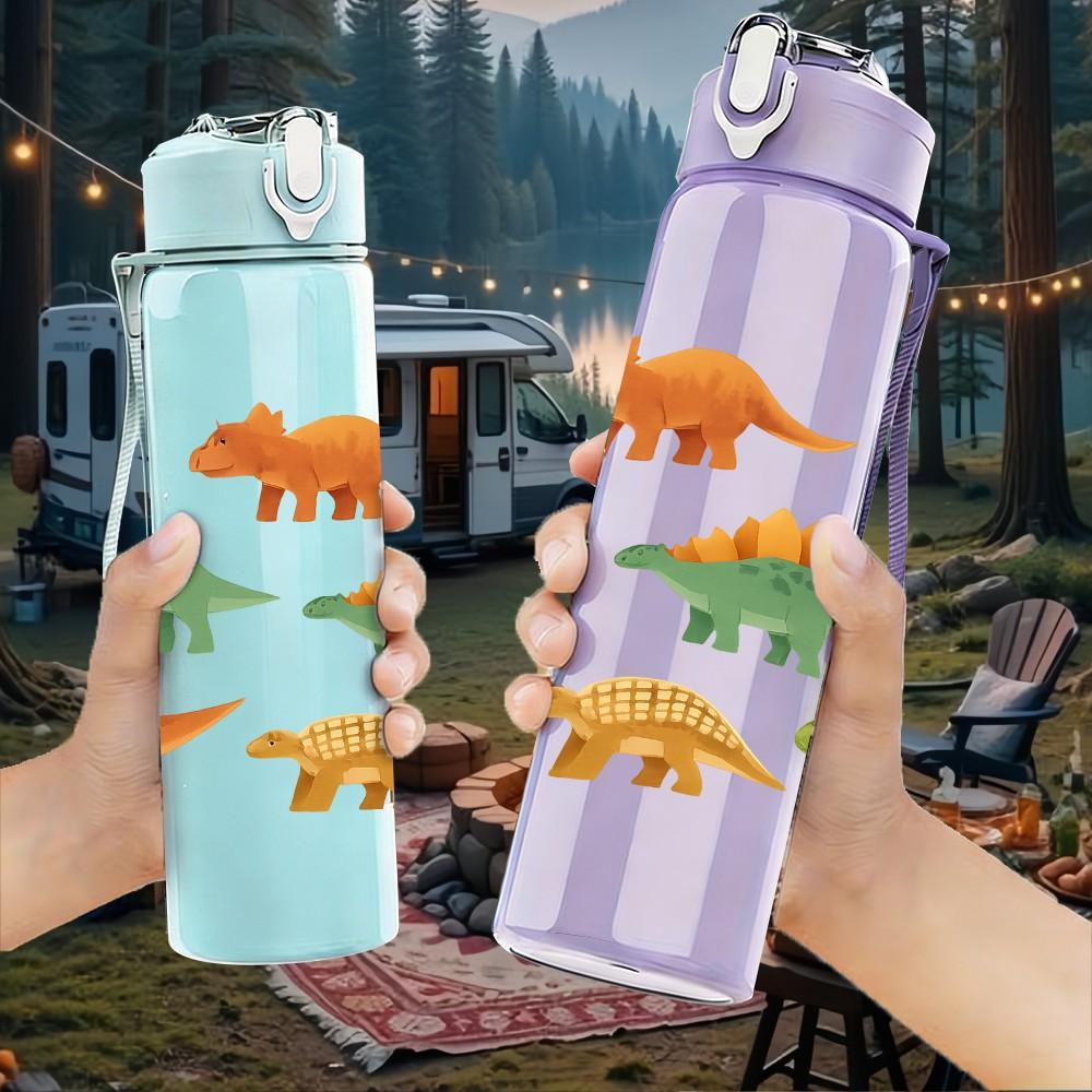 1PC Dinosaur Group Animal Print 750ml Color Plastic Sports Water Bottle Leakproof Flip Straw Lid Suitable for Sports Office Home Use