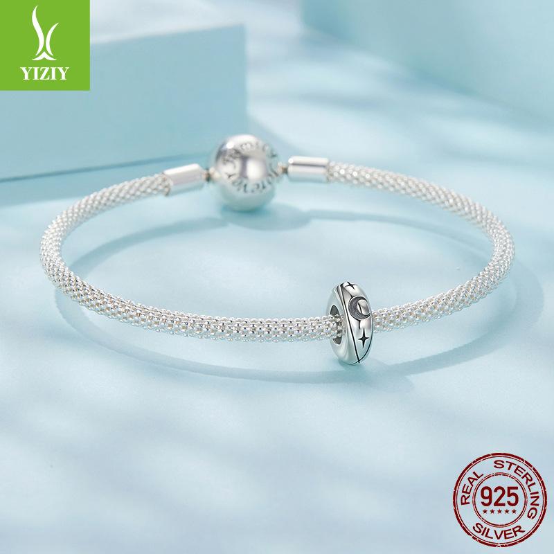 Bright Star And Moon Silicone Positioning Bracelet Beads, Dream Romantic S925 Sterling Silver Diy Beads