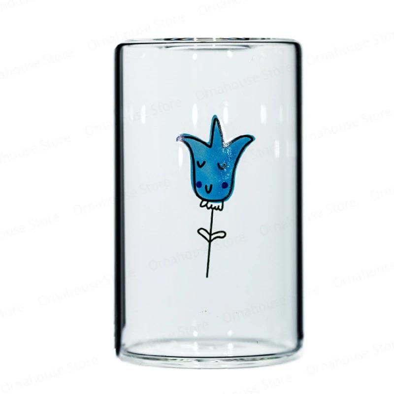 New Minimalist Printed Small Hole Glass Flower Vase Transparent Hydroponic Hydroponic Flower Arrangement Handicraft Decoration