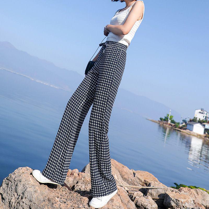 Women's High-Waist Wide-Leg Plaid Pants - Summer Ice Silk, Slimming, Casual, Floor-Length