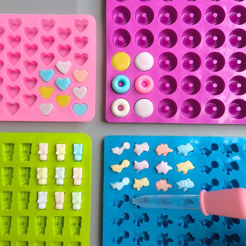 Gummy Bear Mold Silicone Chocolate Mold with 2pcs Dropper DIY Dinosaur/Bear/Heart and Mini Donuts Festival Party Baking Mold