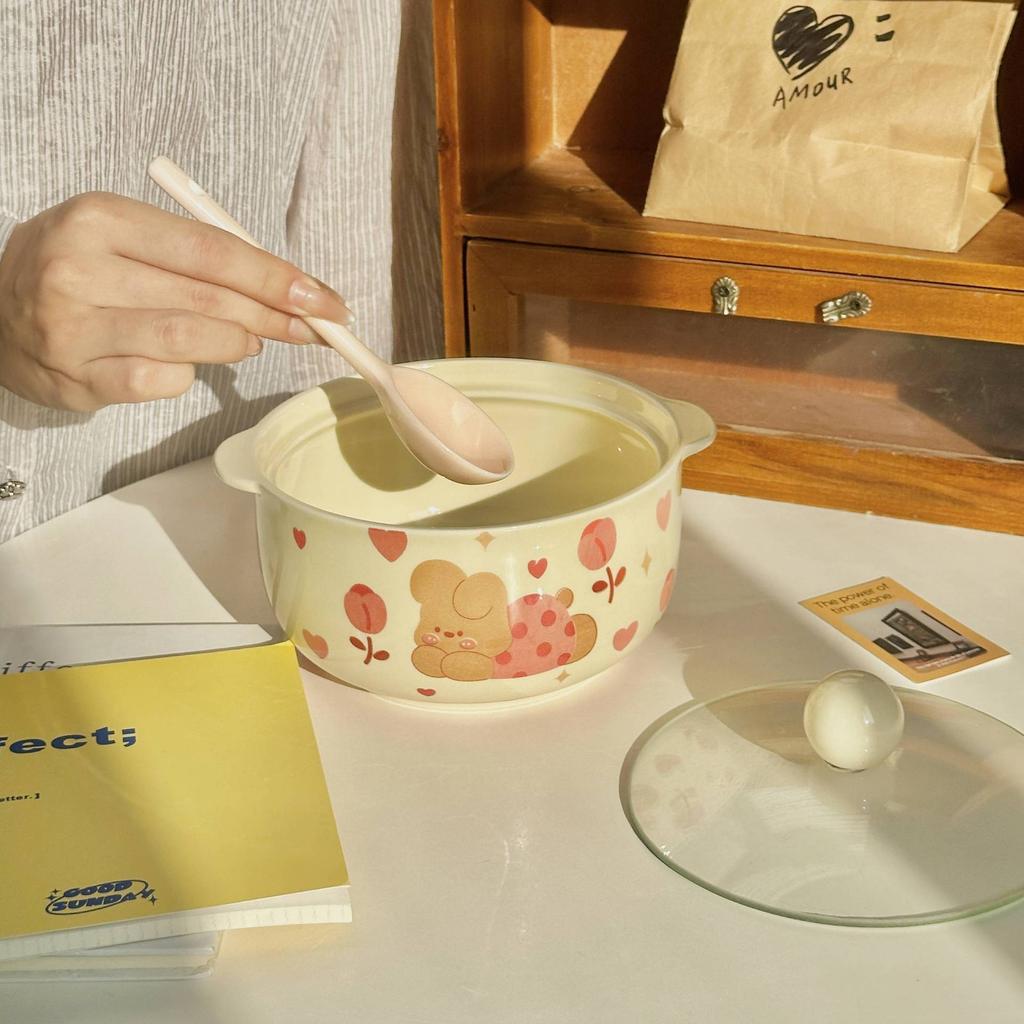 Ins Wind Cute Binaural Instant Noodle Bowl with Lid Household New Noodle Bowl Cream Wind Ceramic Snail Powder Bowl