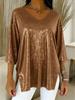 Top da donna con scollo a V, paillettes scintillanti, maniche lunghe