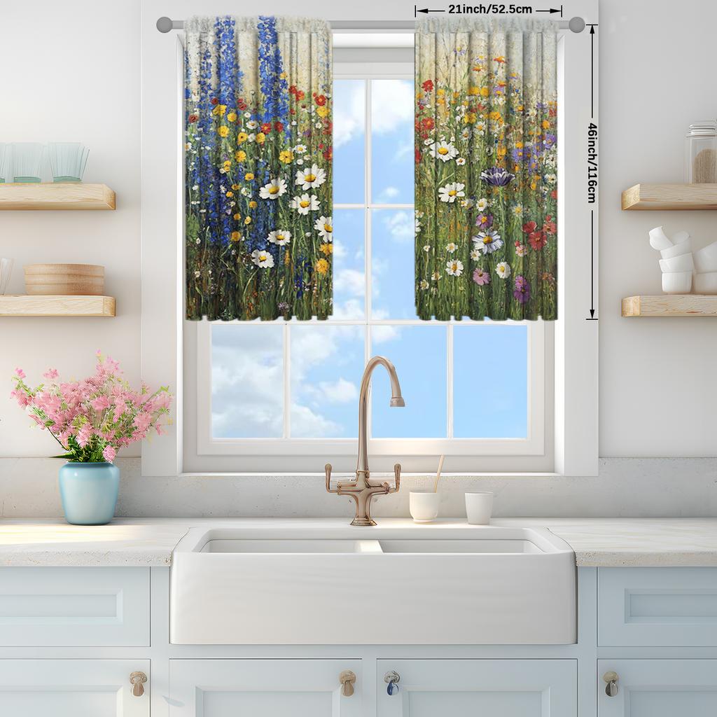 2pcs Flower Sea Oil Painting Printed Curtain for Home Decor - Rod Pocket Window Treatment for Bedroom, Office, Kitchen