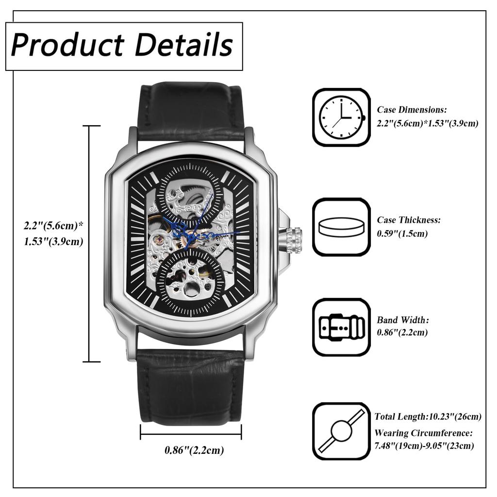 Automatic Watch with Genuine Leather Strap and Waterproof Stylish Square Quartz Watch in Black Perfect Gift for or Day Men's Design - Birthdays,