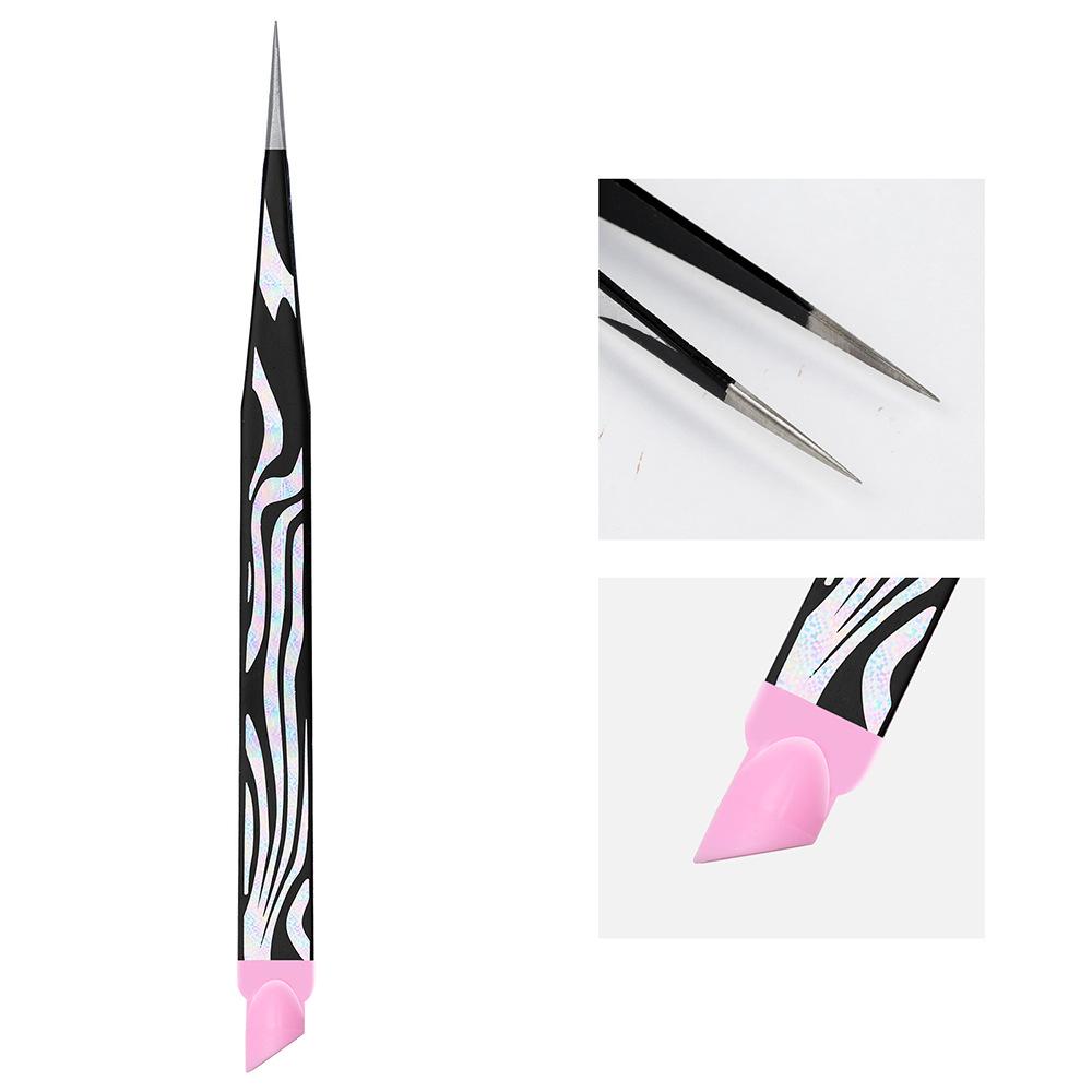 Multi-functional Stainless Steel Tweezers: Double-ended for Nail Art, Eyebrows, Eyelashes, with Silicone Press Stick & Embossing Tool