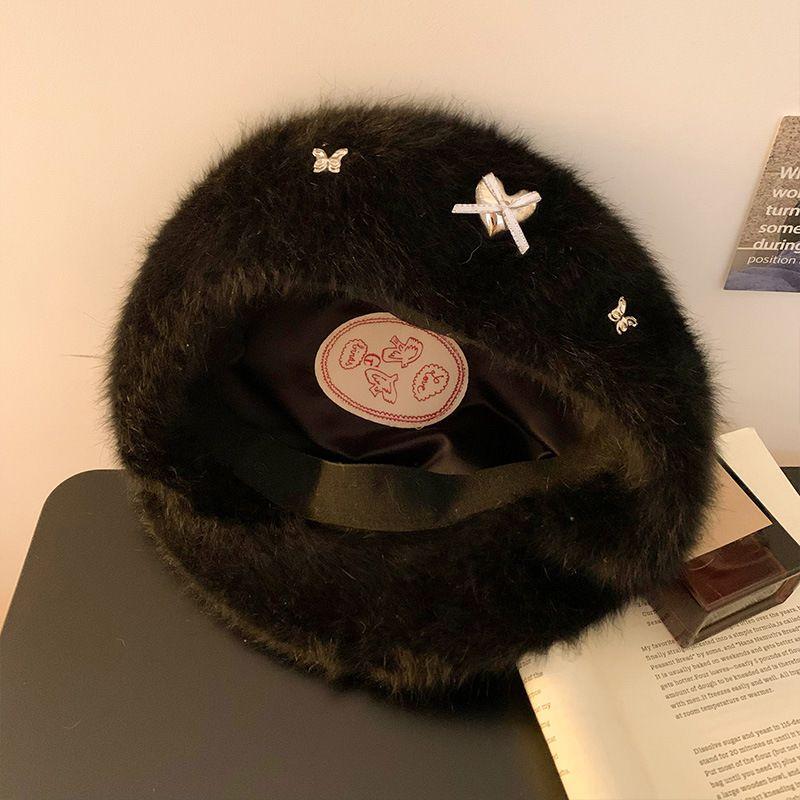 Women’s Hat Cute Bowknot Plush Beret - Winter's Versatile Painter Hat