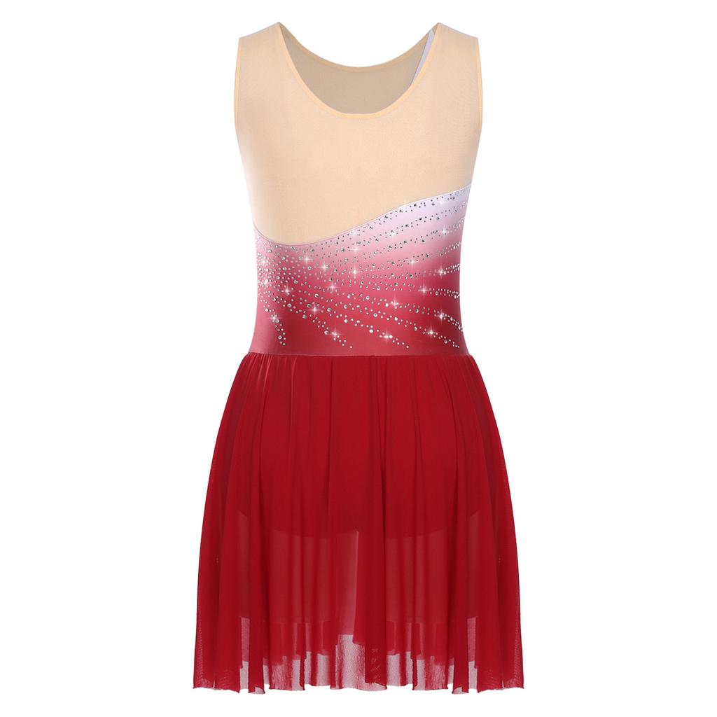 Womens Figure Skating Dress Rhinestones Mesh Patchwork Sleeveless Ice Skating Dress Built In Crotch Briefs