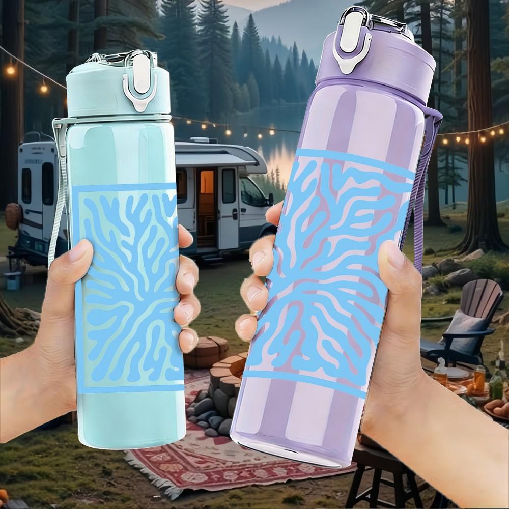 1PC Blue Fern Leaf Line Art Pattern 750ml Color Plastic Sports Water Bottle Leakproof Flip Straw Lid Suitable for Sports Office Home Use