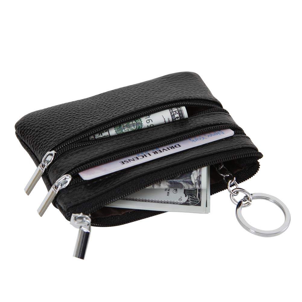Women's Genuine Leather Coin Purse Mini Pouch Change Wallet with Keychain NEW Three Zipper Fashion Multicolor