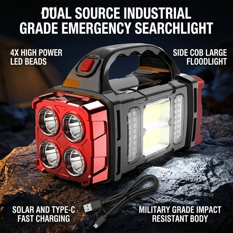 Tragbare Solar-Taschenlampe, USB-wiederaufladbar, 4 Gänge, Dual-Quelle LED COB Arbeitslicht, Handy-Ladegerät, Camping-Notfallleuchte
