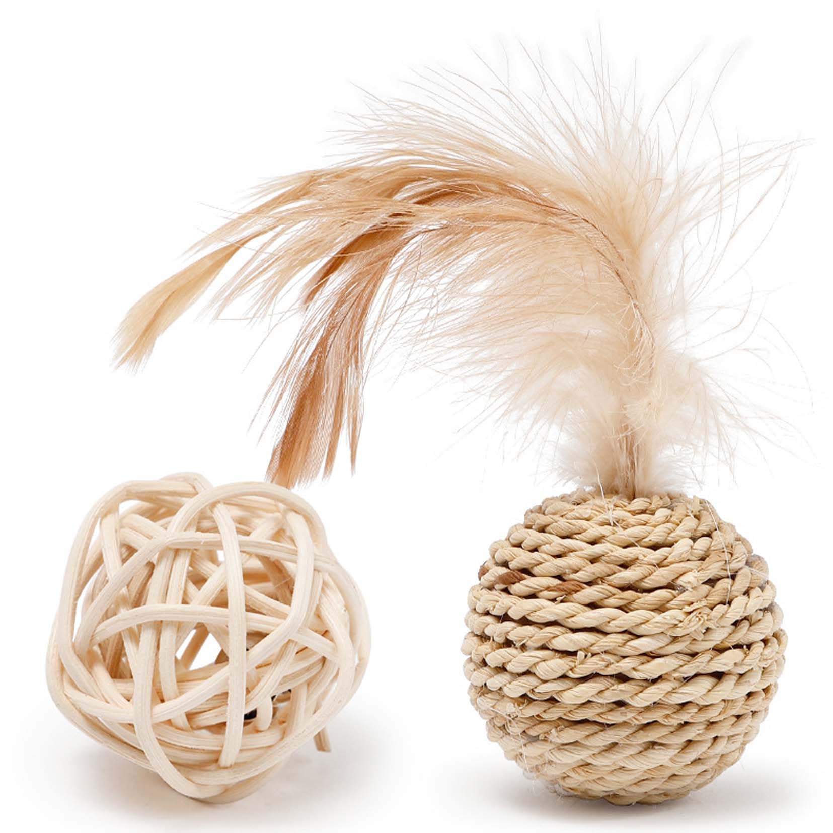 

Tibemi Cat Toys, Set of 6, Double Balls, Natural Grass Rattan Sepak Takraw Toy with Bell, Stress Relief, Feather Design, Sound Ball for Hamsters -