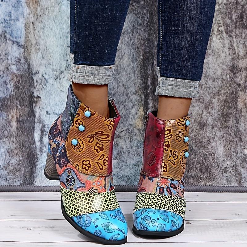 Women'S Floral Print Chunky Heel Ankle Boots - Vibrant Ethnic Design, Round Toe Zipper Closure, Synthetic Cover & Rubber Sole, All-Season Casual Shoes