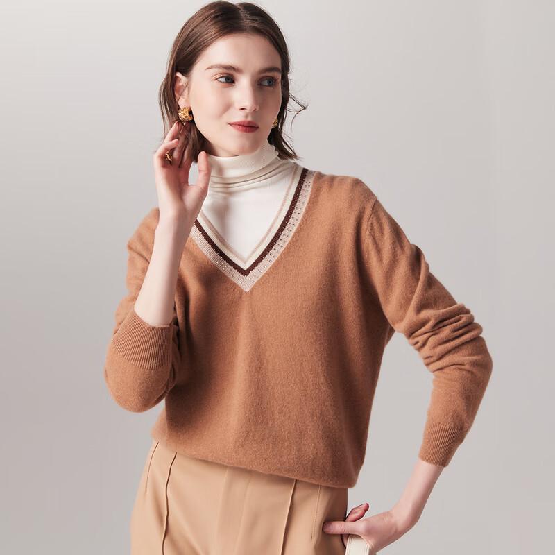 Parlo Women's V-Neck Color Block Cashmere Sweater