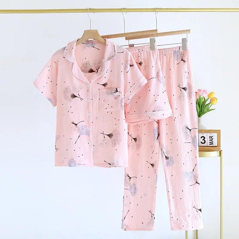 2026 Summer New Women's Pajamas Three Piece Set 100% Pure Cotton Crepe Short Sleeves+Shorts+Long Pants Thin Home Fury Ladies