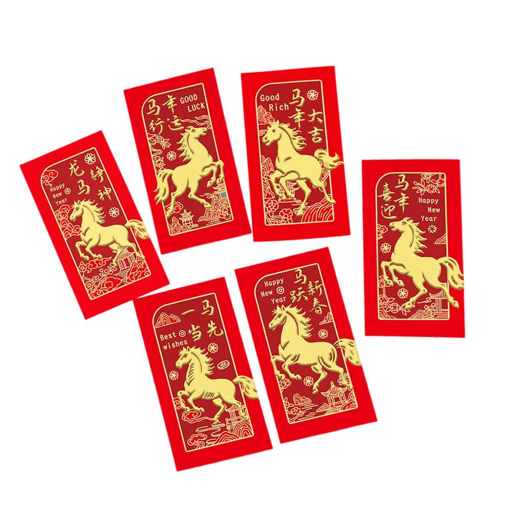 Pack Of 6 Year Of The Horses Red Envelopes Chinese New Year Blessing Paper Money Packets For Festives Occasion