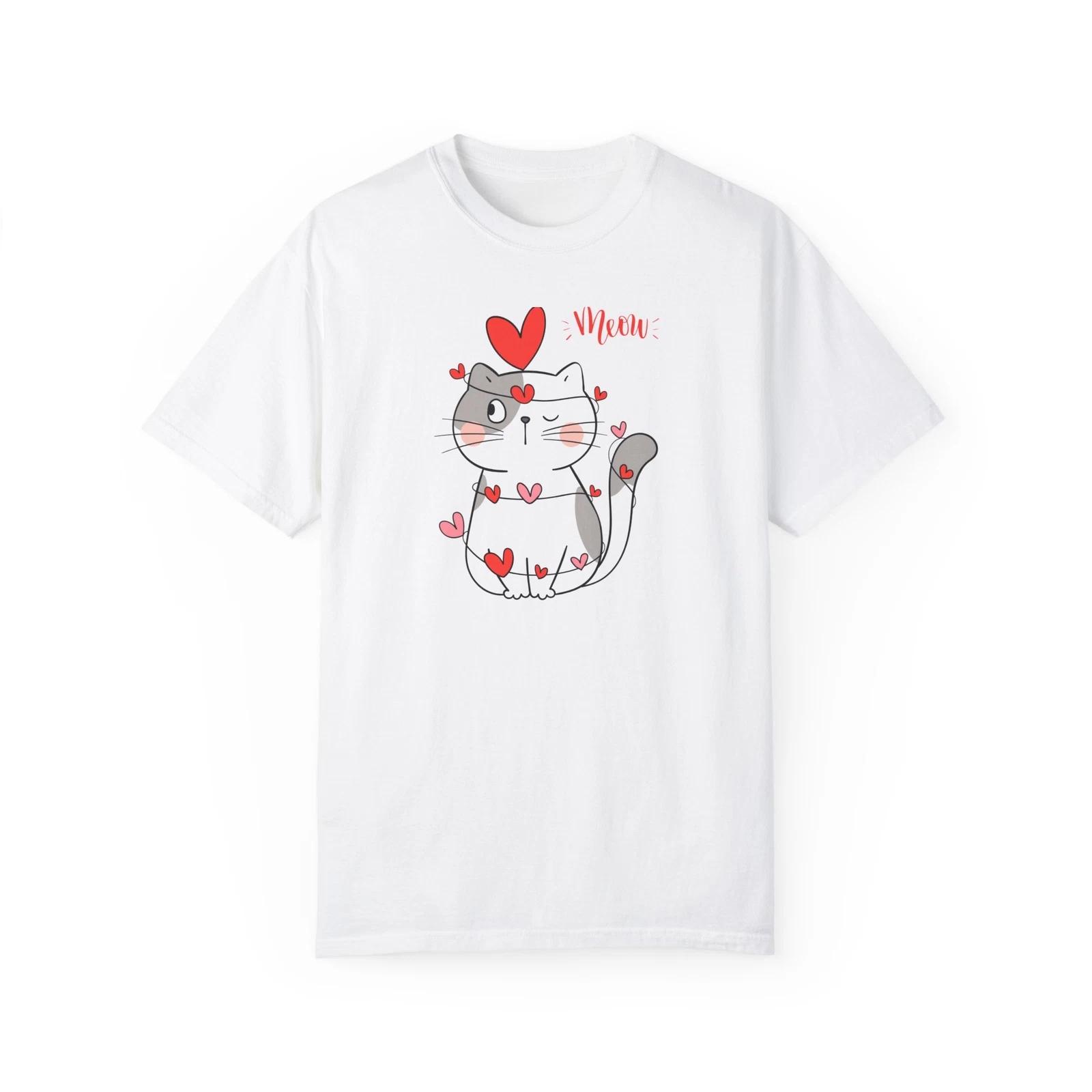 Meow Cat Valentine s Day T-Shirt Cat Mom Shirt Heart Print Gift for Mom Grandma M