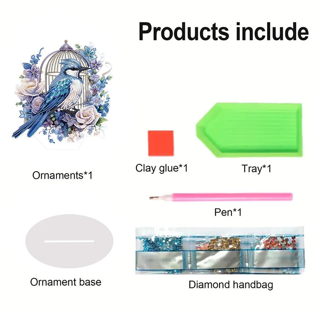 Blauer Vogel Diamantmalerei Schreibtischornamente Set Flamingo Diamantmalerei Schreibtischdekorationen Käfig für Zuhause Büro Schreibtisch Dekor