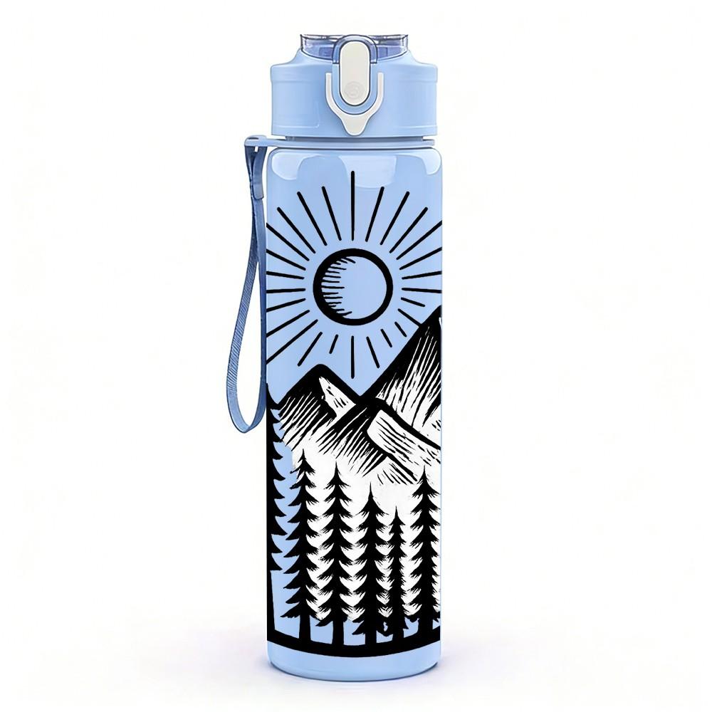 1PC Mountain Sun Forest Line Art 750ml Color Plastic Sports Water Bottle Leakproof Flip Straw Lid Suitable for Sports Office Home Use