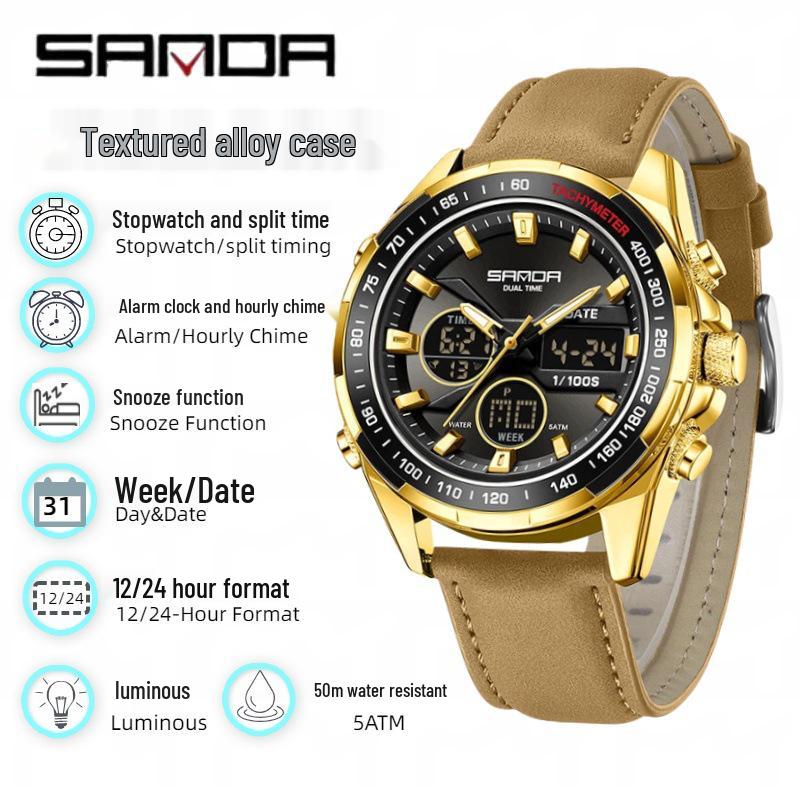 Sanda Men's Waterproof Dual Display Multi-Function Watch with Timer, Snooze, and Night Light.