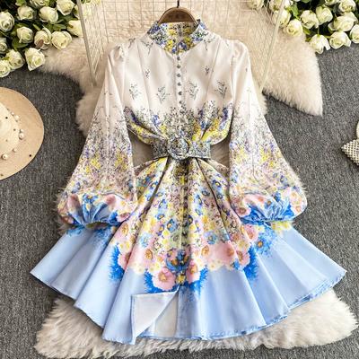 Frühling Herbst Damen Marke Designer Print Laufstegkleid Stehkragen Einreihig Mini Kurz Partykleider