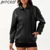 BITCED Fashionable Oversized Leather Jacket for Women Long-Sleeve Collared Spring/Fall Coat
