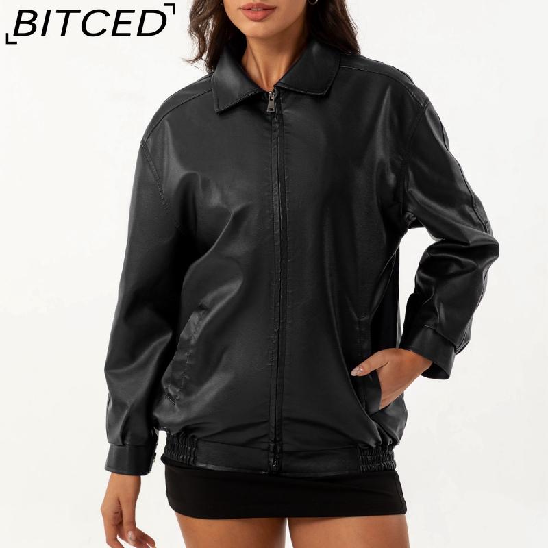 BITCED Fashionable Oversized Leather Jacket for Women Long-Sleeve Collared Spring/Fall Coat