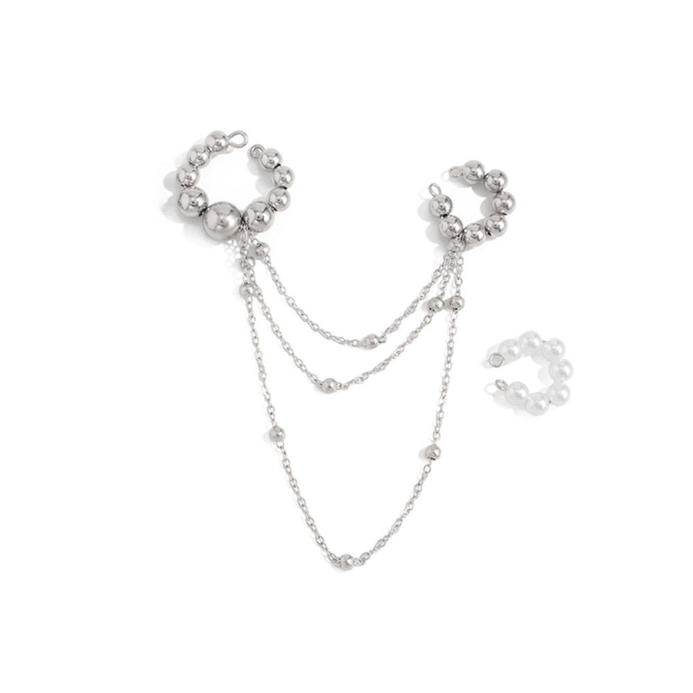 Ins Style Pearl Tassel Round Bead Chain Ear Buckle, Personalized and Fashionable, Versatile CCB Ear Bone Clip