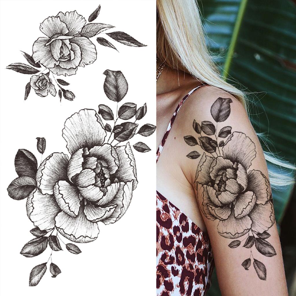 Realistische Nep Pioenroos Tijdelijke Tatoeages Voor Vrouwen Meisje Zwarte Roos Olifant Bloemen Tatoeage Sticker Tijger Anemoon Tatoeages Halfmouw