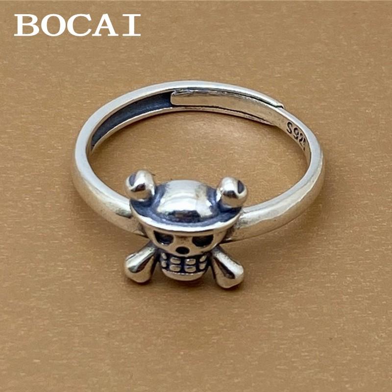 BOCAI New S925 Silver Skull Ring for Men and Women Retro Fine Silver Jewelry Hip-Hop Punk Cartoon Little Pirate