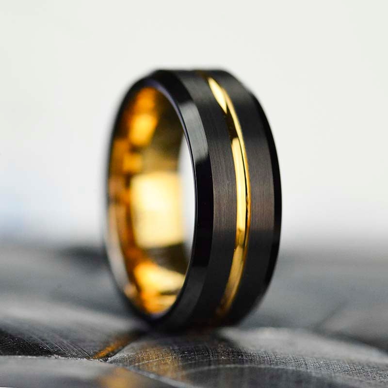 Anelli nuziali da uomo alla moda in titanio colore oro rosa da 8 mm con scanalatura e bordo smussato, anello in acciaio inossidabile nero spazzolato, fede nuziale da uomo