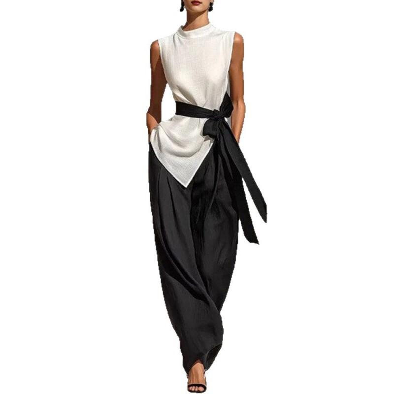 Women's Lace Sleeveless Contrast Color Suit Top + Wide-leg Pants Two-piece Set