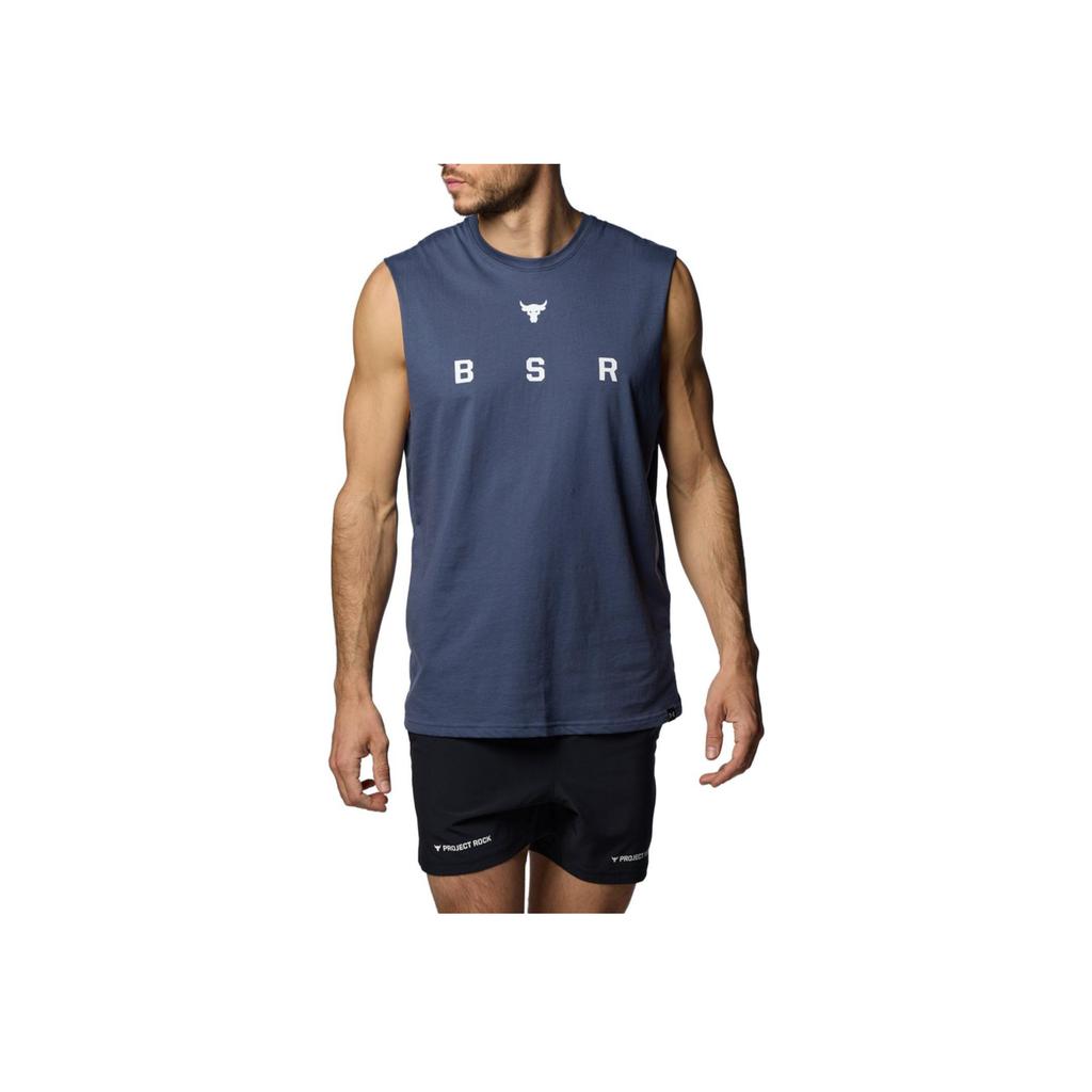 Under Armour Project Rock Show Your Work Potisk písmen Kulatý výstřih Tréninková bezrukávová vesta Pánské vesty Downpour-Gray 1385939-044