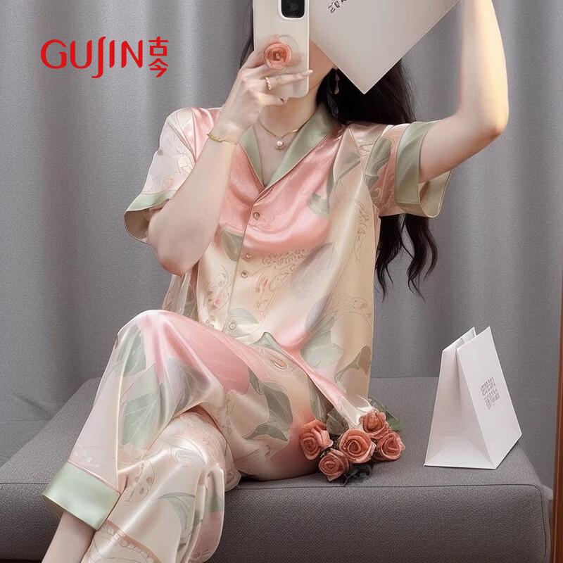 GUJIN Women s Ice Silk Short Sleeve Pajama Set L
