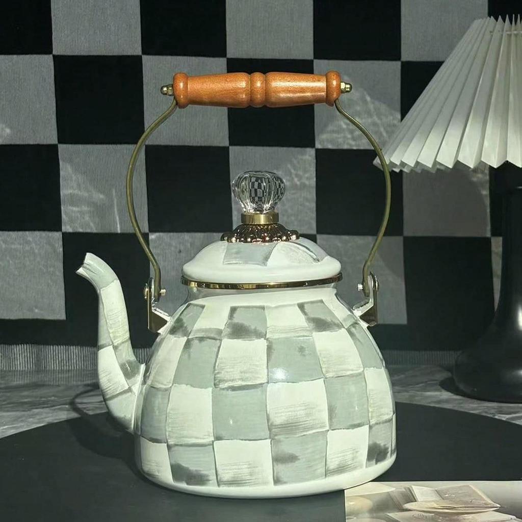 Checkered Black & White Enamel Kettle with Diamond Lid, Wooden Handle, Angled Spout, 2L Capacity - Classic All-Season Teapot