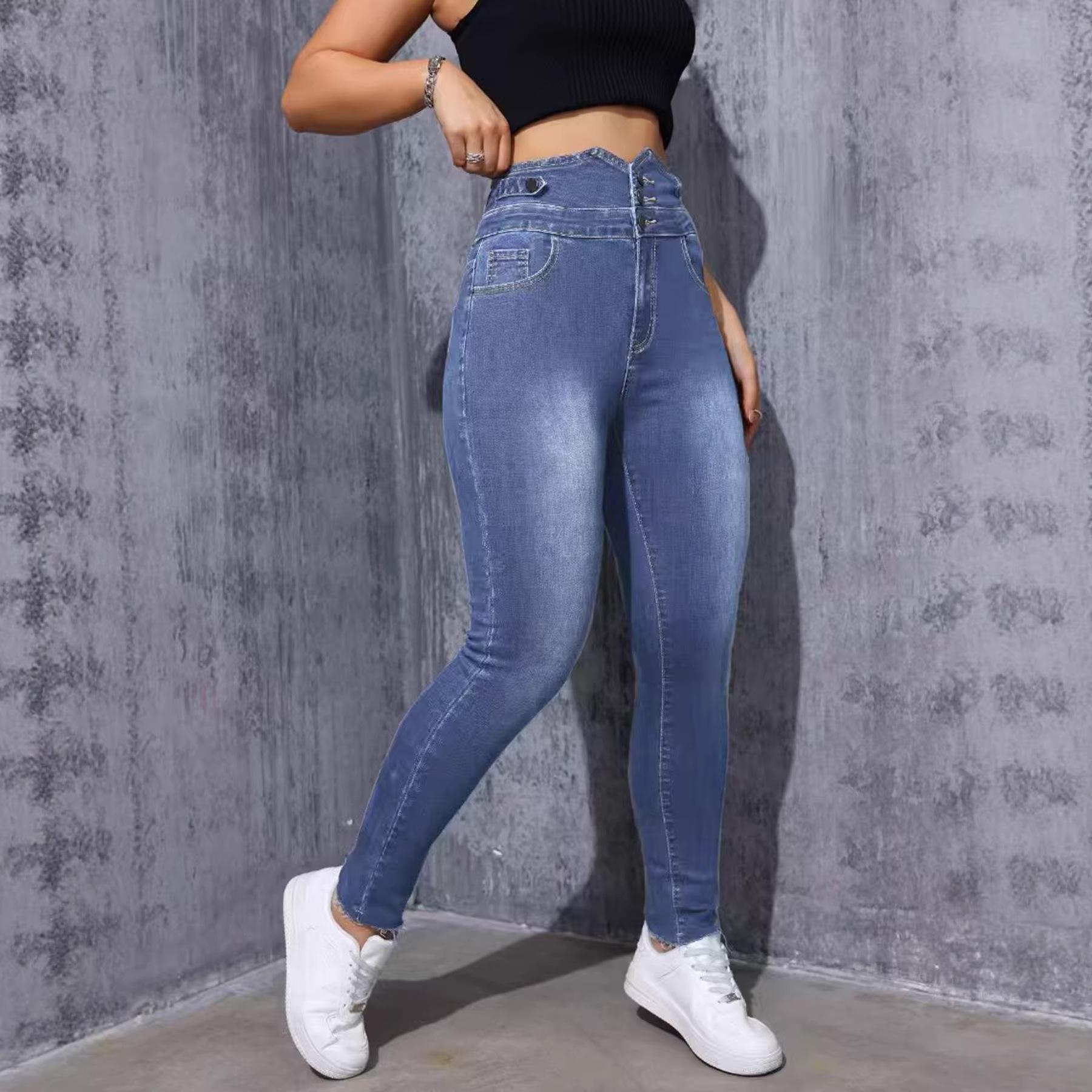 

2025 High-Waisted Stretch Skinny Jeans with European & American Style Women s Light-Denim Decoration Extra Large світло-синій колір