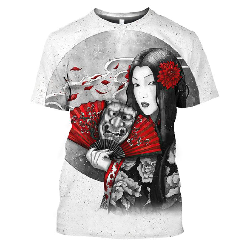 Tricou 3D pentru bărbați, în stil japonez, cu mâneci scurte, cu gheișă, cu decolteu O, tricou pentru bărbați, tricou supradimensionat, îmbrăcăminte pentru bărbați