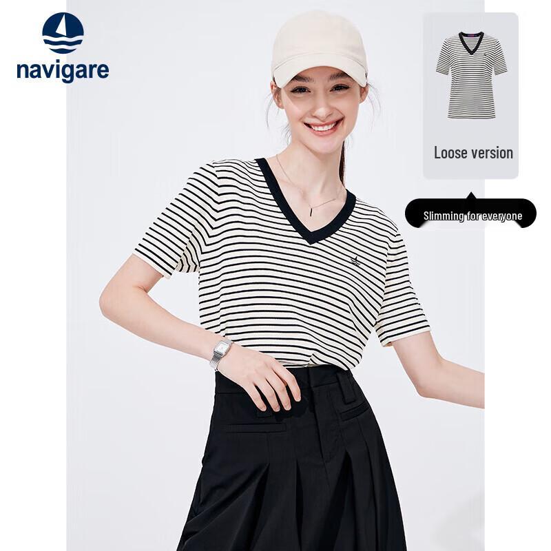 Navigare Women's Loose V-Neck Striped Short-Sleeve Knit Top